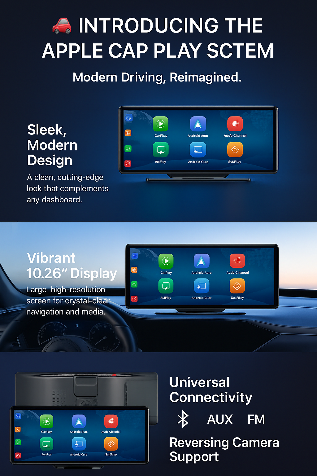 10.26” Wireless Car Play System with Dash Cam and Reversing Camera