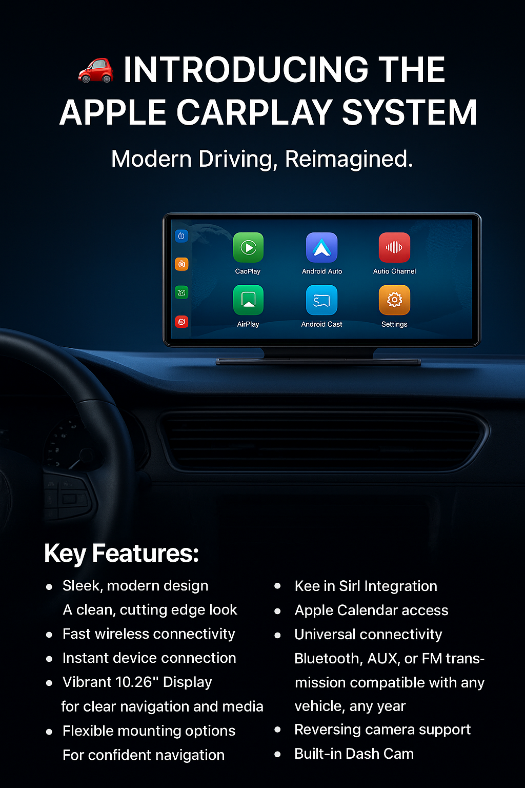 10.26” Wireless Car Play System with Dash Cam and Reversing Camera